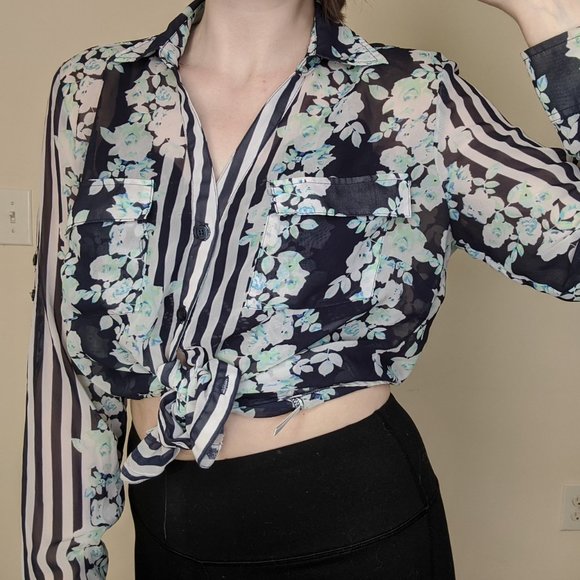 Sheer Floral and Striped Longline Button Up Blouse - Picture 1 of 4